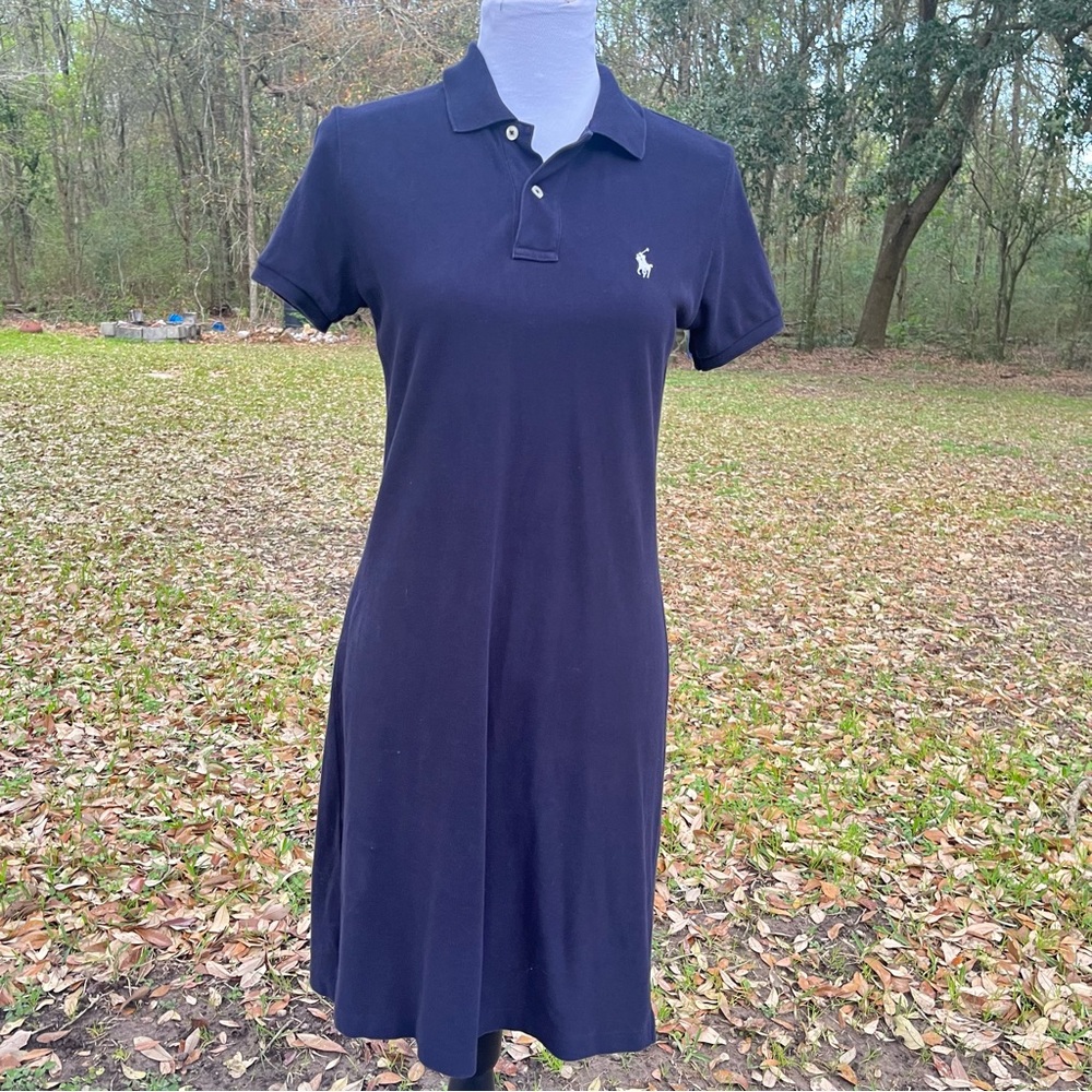 RALPH LAUREN SPORT NAVY POLO COLLARED SHORT SLEEVE DRESS WHITE LOGO HORSE